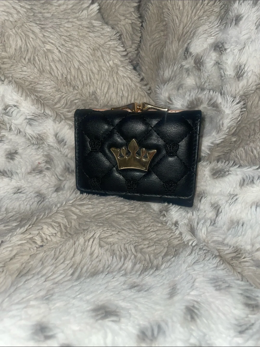 Quilted Black Wallet with Gold Crown Accent
